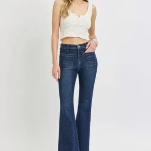 Elastic Band High Rise Flare Front Patch Pocket Jeans